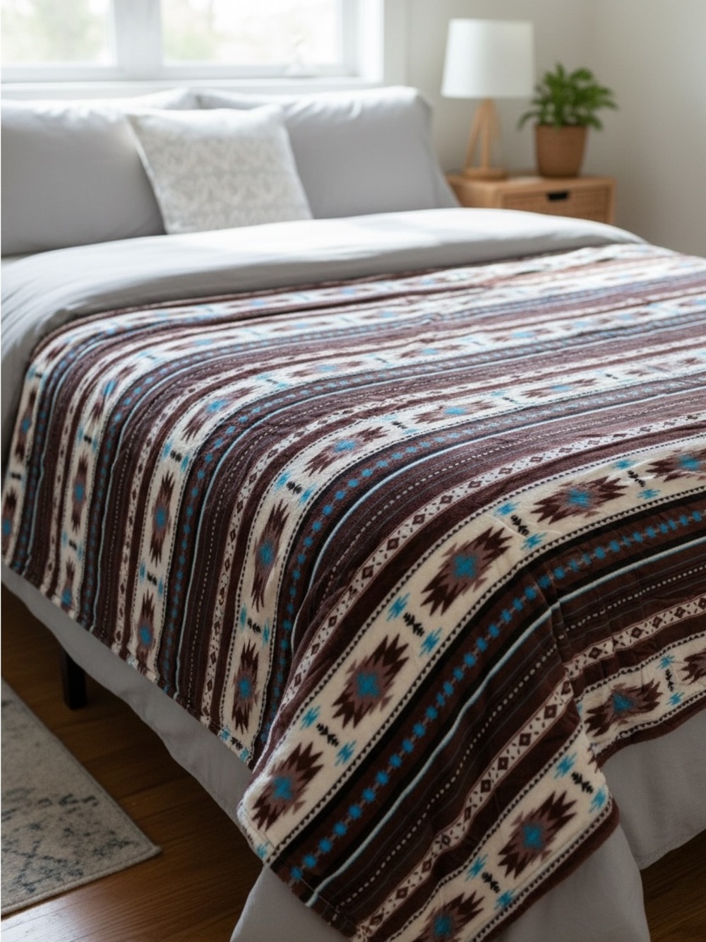Queen Southwest tribal Aztec Geometric Plush fleece Blanket - BROWN